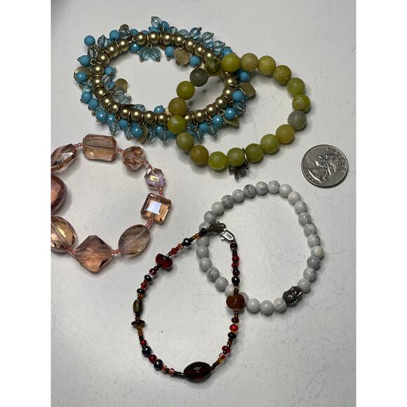 Set of beaded bracelets stretch easy on and off white green blue peachy pink - Picture 2 of 16